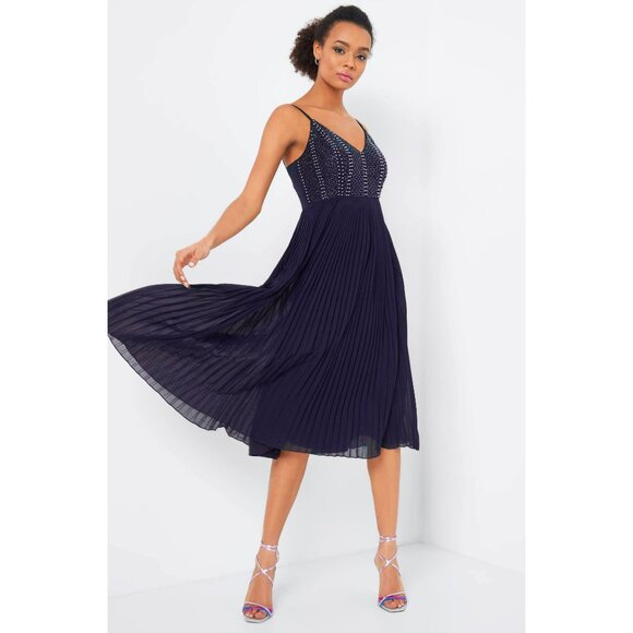 Lace & Beads Embellished Pleated Chiffon Cocktail Dress Midi Dress Blue Size S - Picture 6 of 11